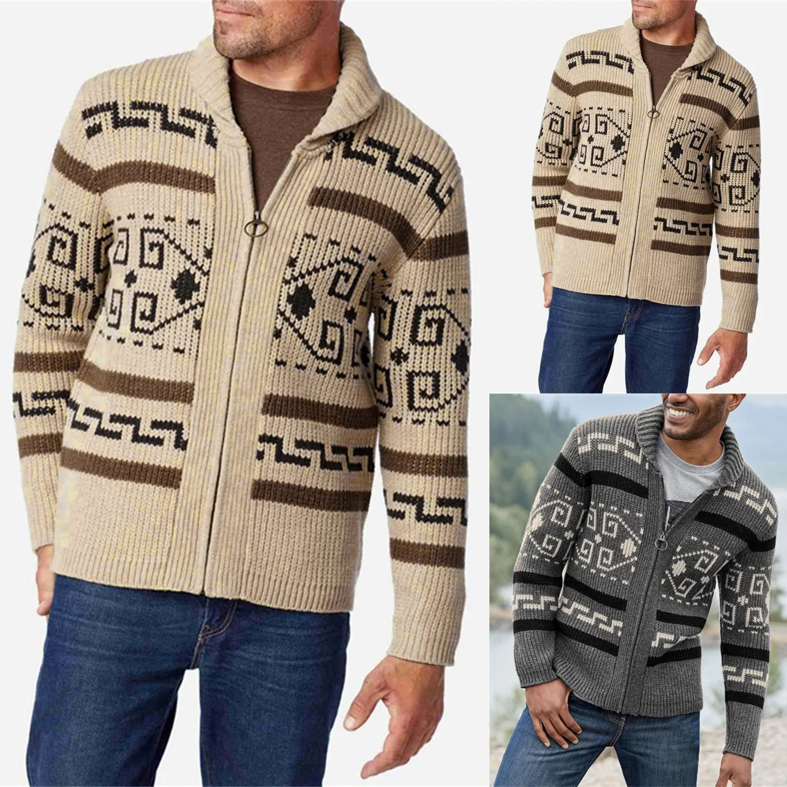 

2021 Autumn Winter Fashion Men's Knitted Sweater Vintage Pattern Print Zipper Cardigan Sweaters Men New Casual Long Sleeve Coats