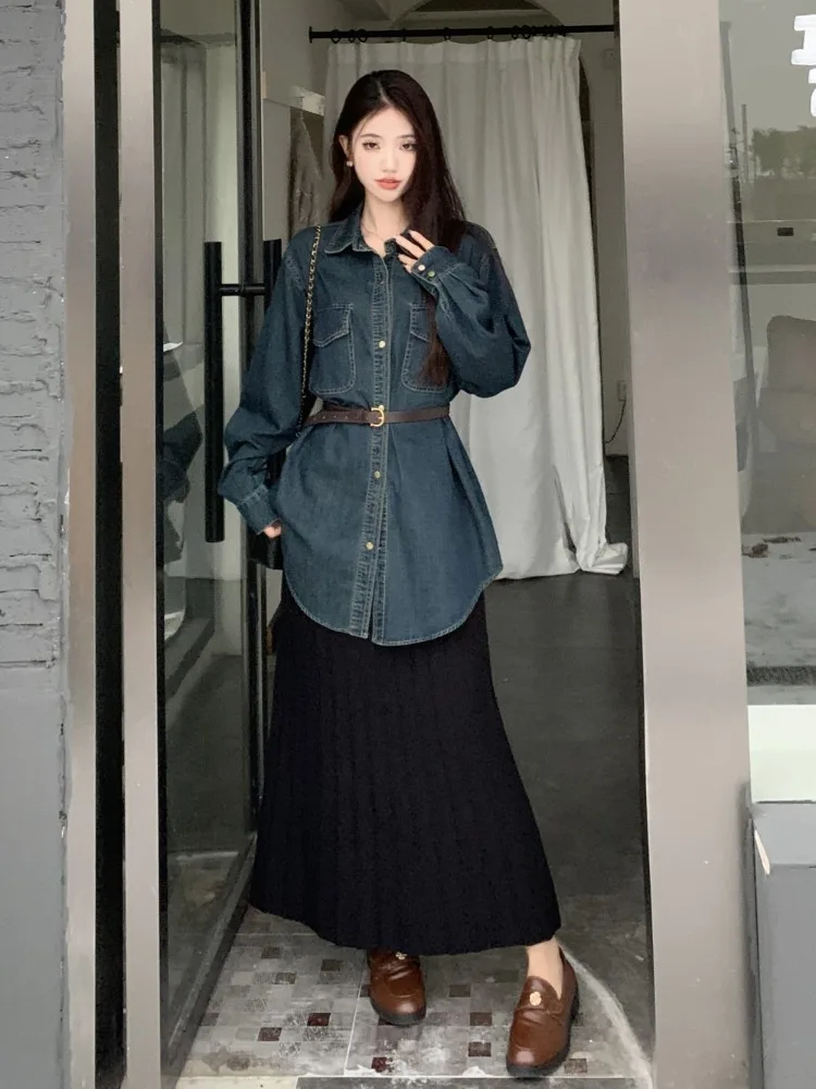 Kimotimo 여성용 빈티지 데님 셔츠, 라펠 벨트, 허리 긴팔 상의, 한국 심플 캐주얼 루즈, 중간 길이 블라우스, 2024 용수철