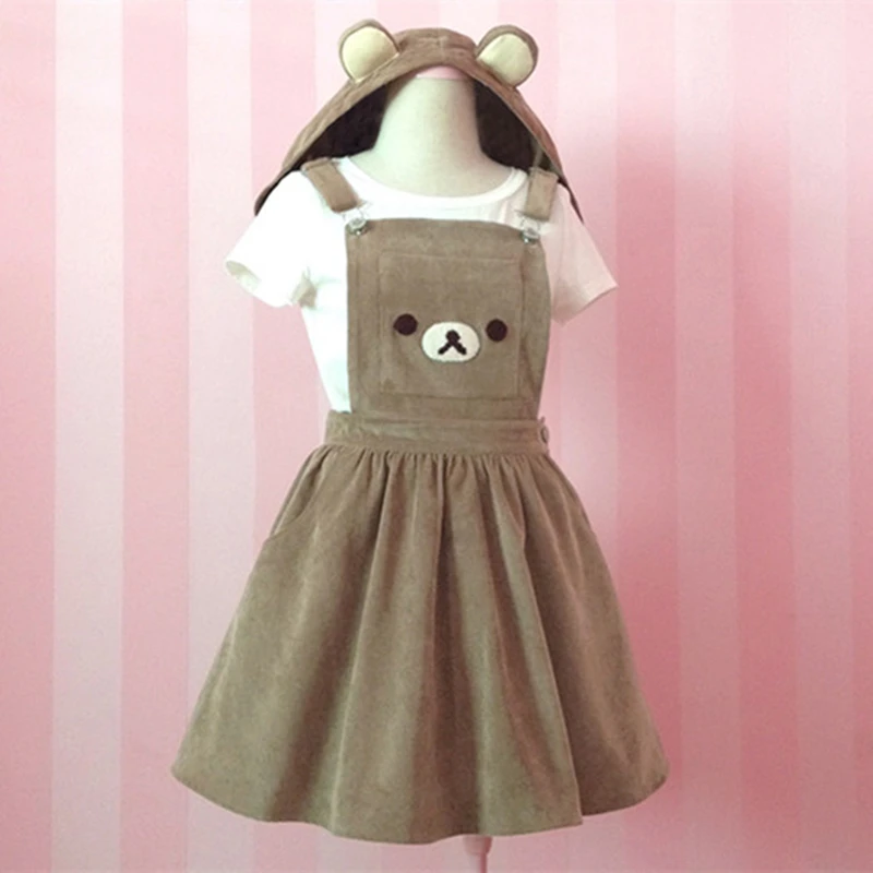 Lolita Suspender Dress Lolita Dress Lolita Skirt Kawaii Rilakkuma Lolita Overall Dress Cute Bear Embroidery Hood Ball Gown Japanese Harajuku Sweet Women Teenage Girls Jumpskirt