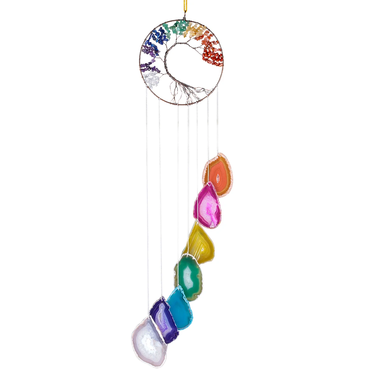 7 Chakra Crystal Tree Of Life Agate Slices Wind Chimes Reiki Healing Wall Hanging Ornaments For Window Home Decoration rainbow titanium coated crystal point wand hanging ornament with 7 chakra stones tassel for car home wall window decoration