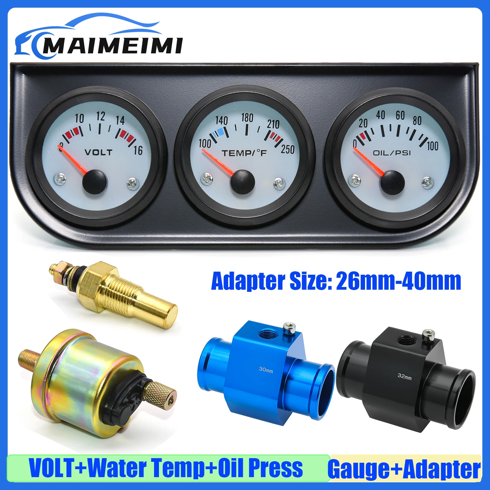 

3IN1 Car Meter Triple Gauge Kits 52mm Voltmeter+Oil Pressure Gauge+Water Temp Gauge with Sensor Joint Adaptor Sensor 26-40mm