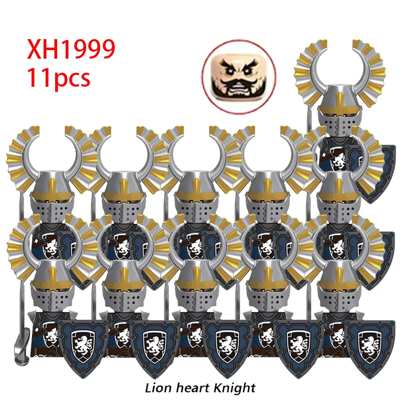 11pcs 중세 고대 무거운 기갑 기사 기사 십자군 군사 Soildiers 무기 모델 빌딩 블록 어린이 장난감