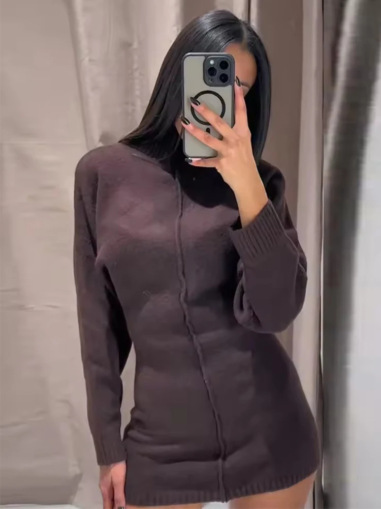 Women Autumn Winter Sweater Knitted Dresses For Women Fashion Turtleneck Long Sleeve Short Dress Ladies Warm Split Sweater Dress