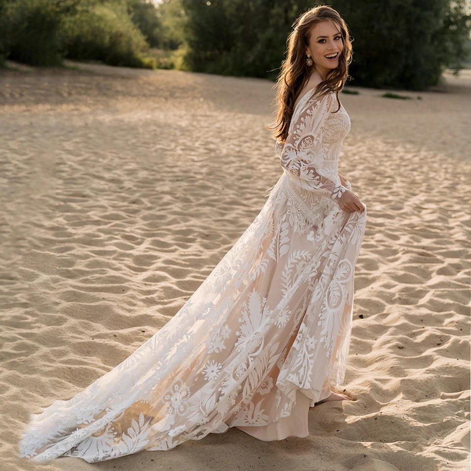 chinese dress ladies Bohemian Lace Wedding Dress Long Sleeves Backless Boho Bridal Gown main image 1