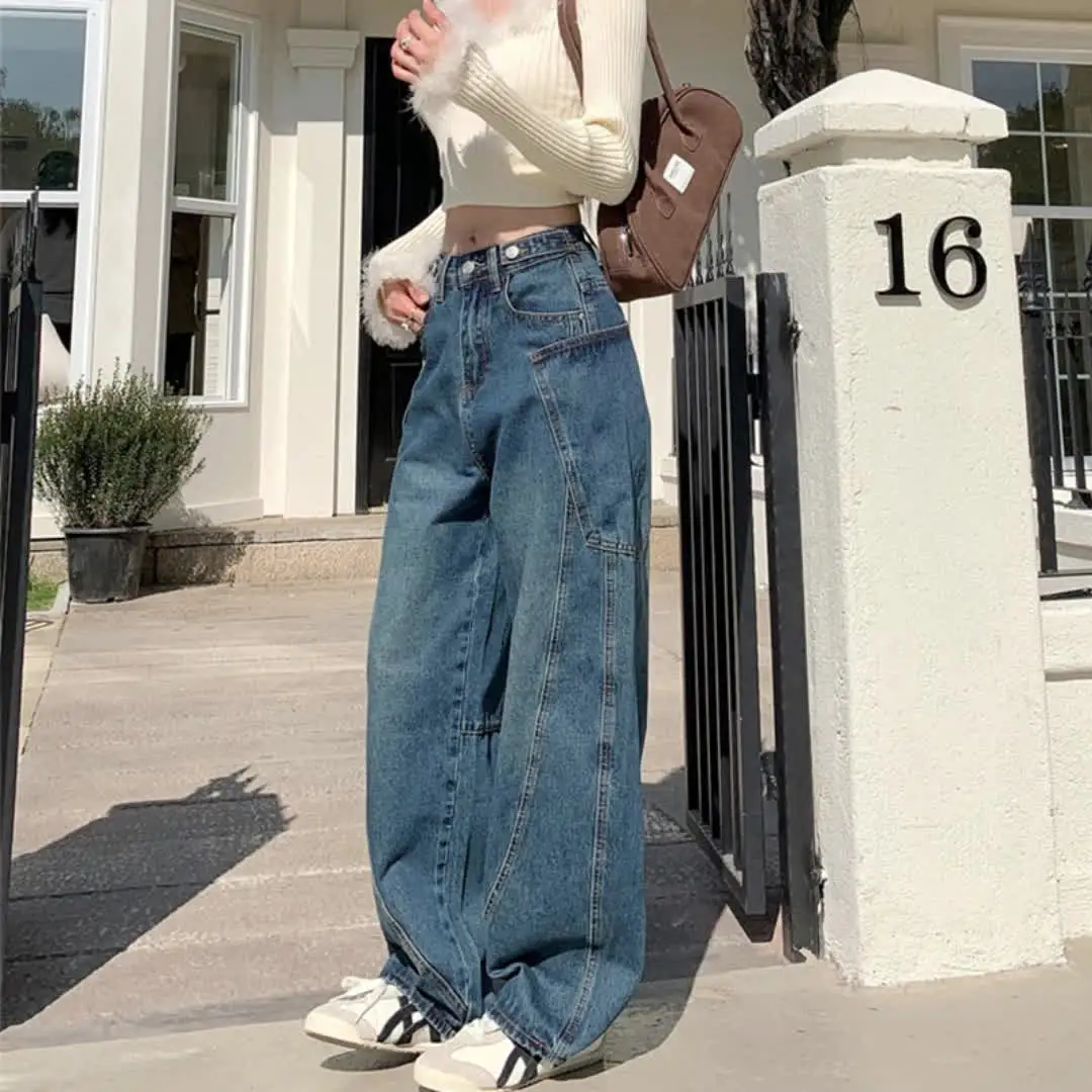 韓国系 y2k CURVED BLADE DENIM kakarin choyx Fashion High Waist Baggy Jeans Y2K Heart Pattern Tie