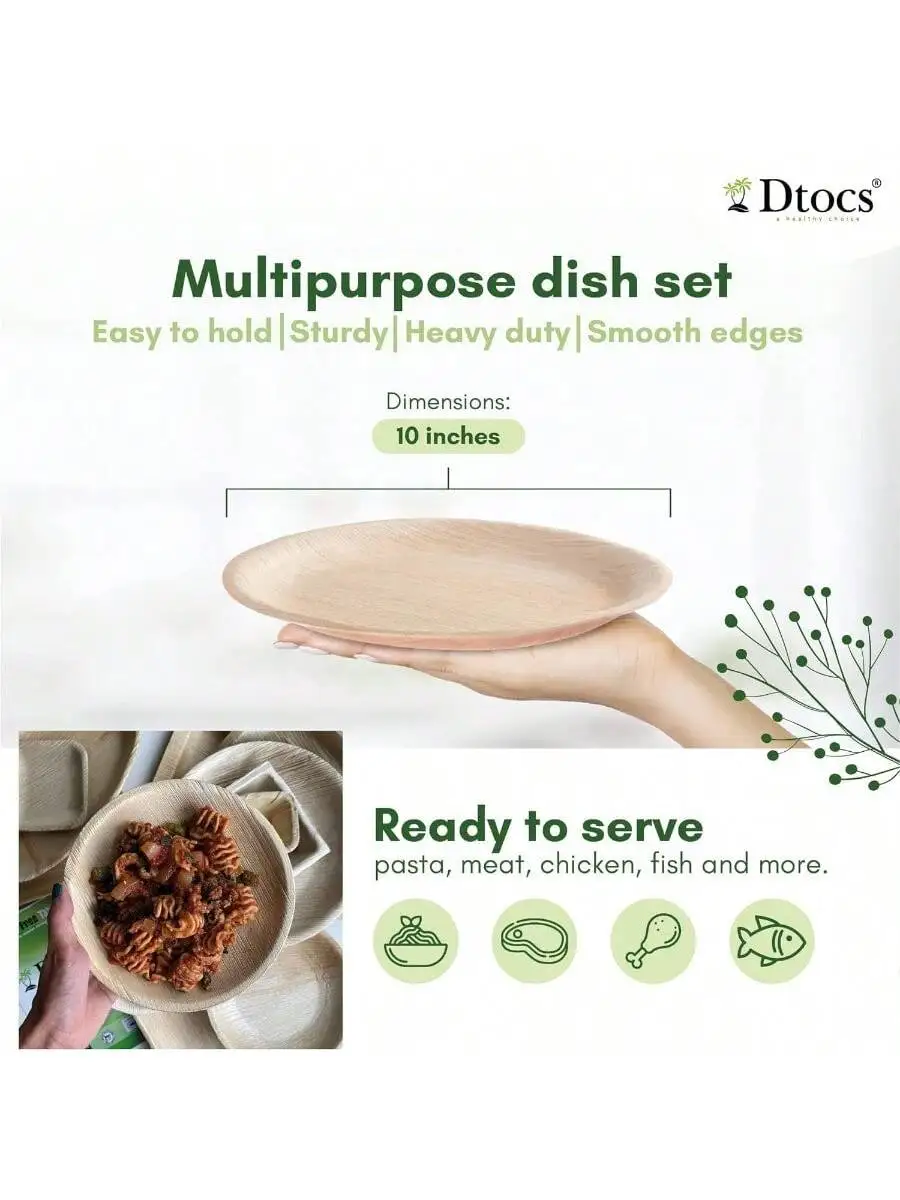 Dtocs Bamboo Plate Disposable Like 10 Inch Round Palm Leaf Plate 100 Elegant Sturdy Compostable Dinner Dinnerwar