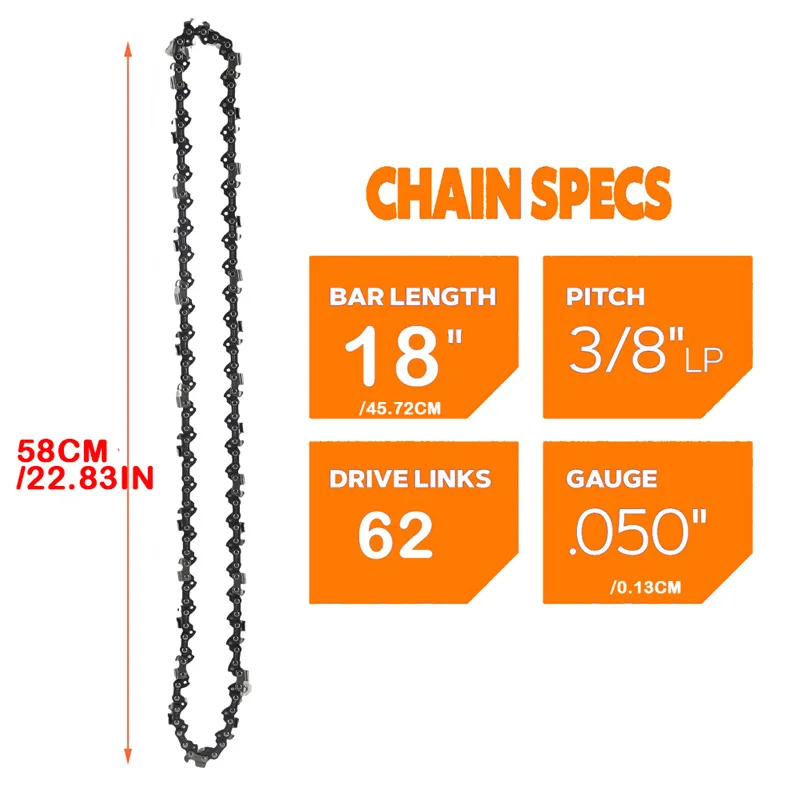 18inch Semi Chisel Chainsaw Chain 0.050" Chain Gauge 3/8"LP Pitch Replacement Blades 62DL Drive Links Electric Saw Accessories