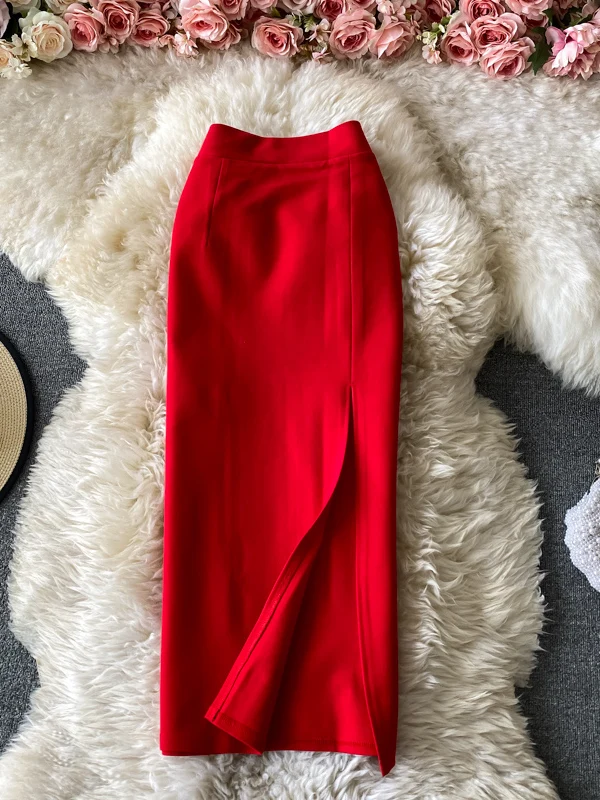 Ele High Waist Midi Skirt Slim Fit Pure Color Asymmetrical OL Busin Women's Faion Spring Ci Commute High Waist