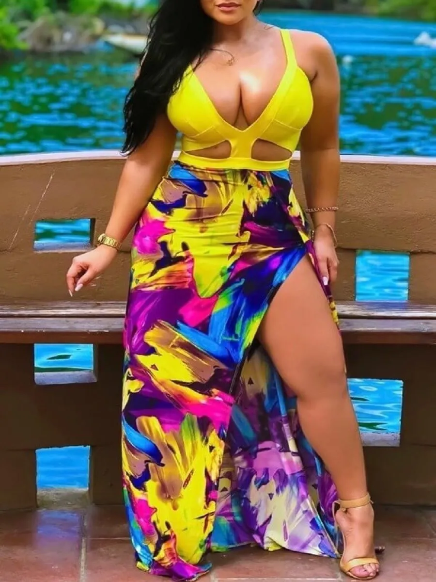 

LW Plus Size dress Trendy Deep V Neck Print Maxi Dress Spaghetti Strap Sleeveless Boho beach sexy Skinny skirt women's dress