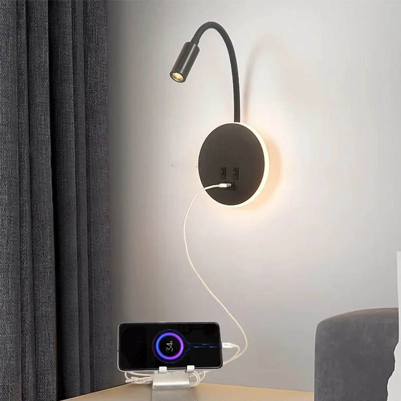 

Minimalist reading wall lamp, hotel bedside wall lamp, American style with USB adjustable angle, modern bedroom lamp