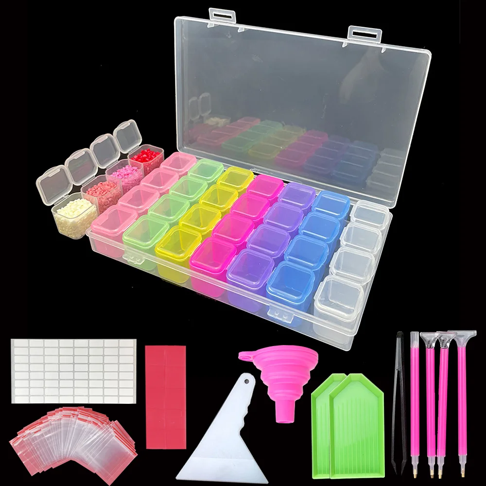 28 Grids Diamond Painting Tools Storage Box with Funnel Sticker Pen Diamond Painting Embroidery Accessories Container 2