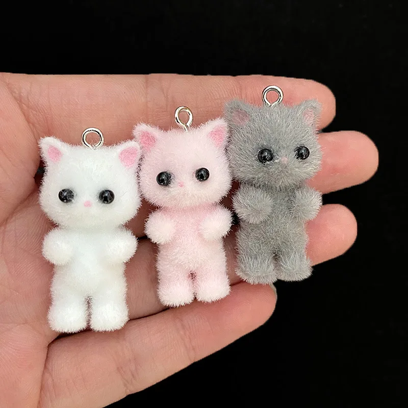 Set of 5 Adorable Flocking Cat Resin Charms