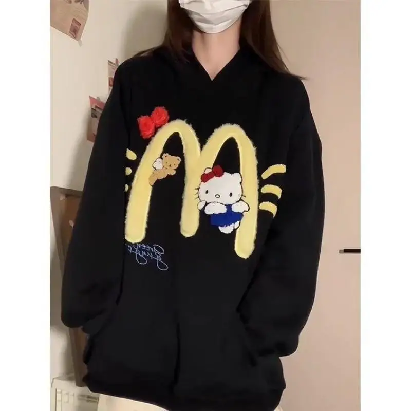 

Cartoon Cute Kawaii Sanrioed Hellokitty 2023 New Spring and Autumn Flocking and Plucking Loose Sweetheart Sweater
