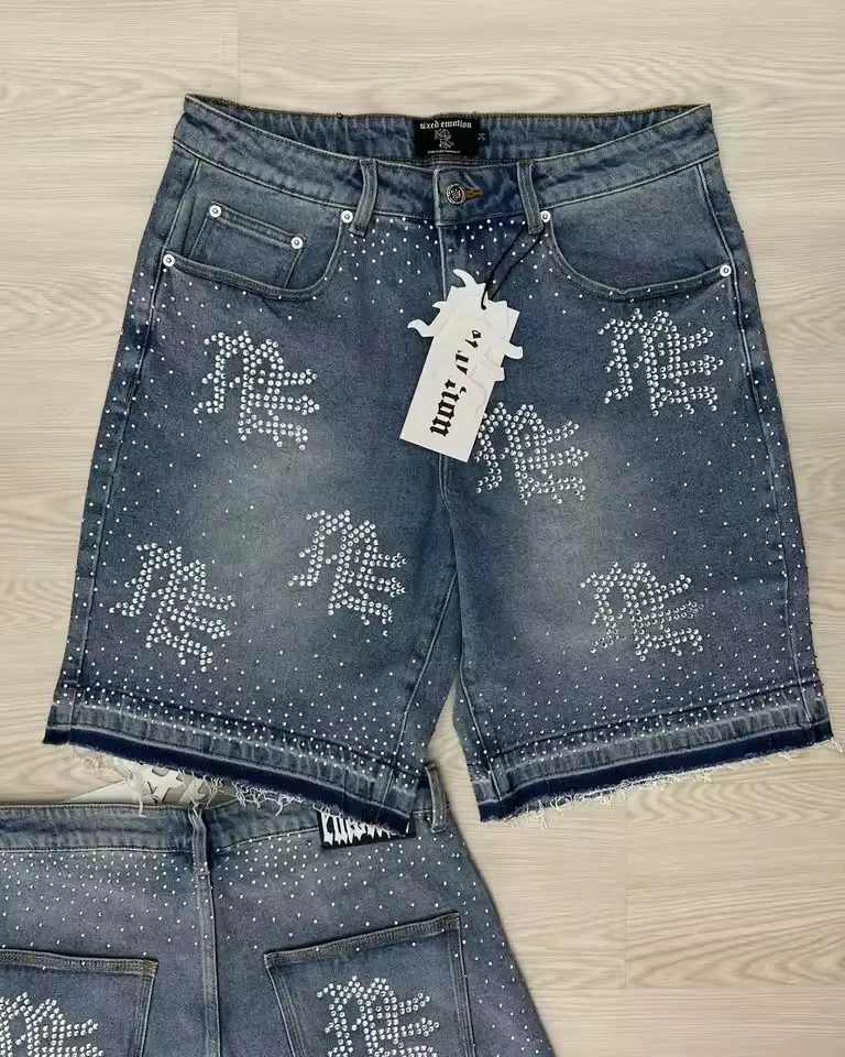 Streetwear Mens Vintage Rhinestone Sequin Denim Shorts Y2K Jeans Hip Hop Baggy Denim Gym Shorts Casual Basketball