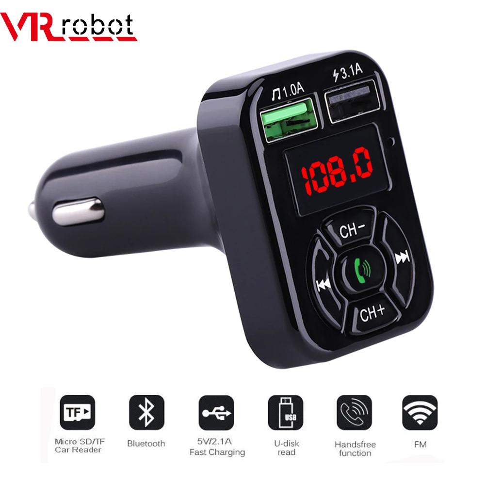 Reproductor de MP3 para coche con Bluetooth y robot de realidad virtual, transmisor FM, adaptador de kit de manos libres para coche, cargador USB de 5 V y 3,1 A con disco TF/U, reproductor de música y