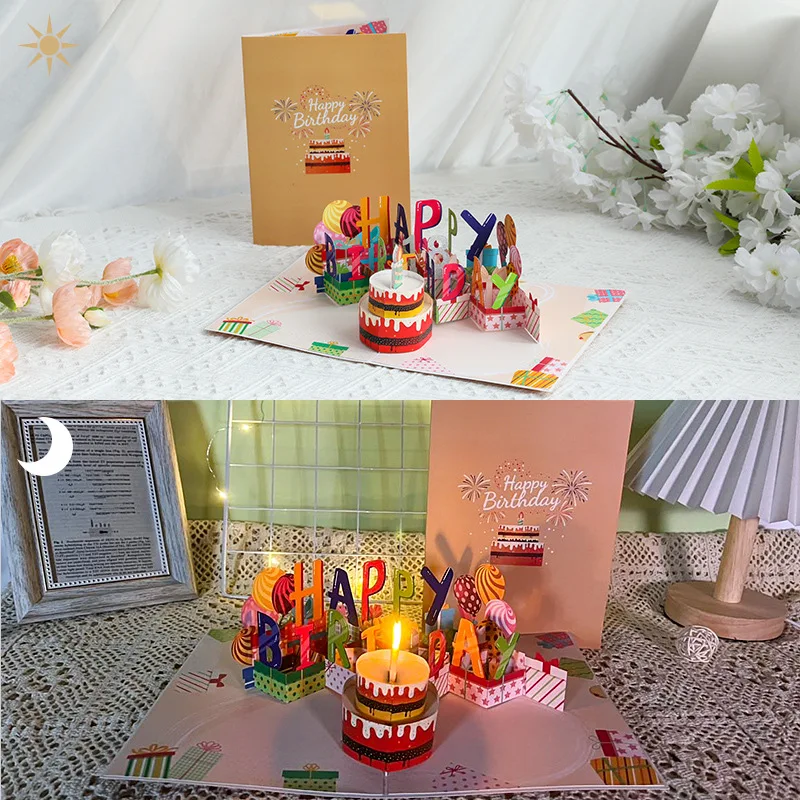 New Creative Greeting Card Chocolate Birthday Cake Blowing Candles Music Lights Ins Style 3D Cake Pop Up Birthday Gift Cards