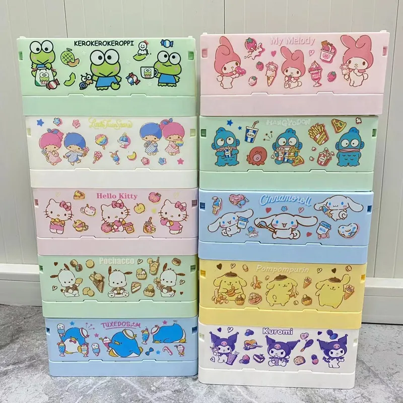 

Ins Sanrio Kuromi Cinnamoroll настольная пластиковая коробка для хранения, складная Штабелируемая корзина для хранения игрушек с ручкой