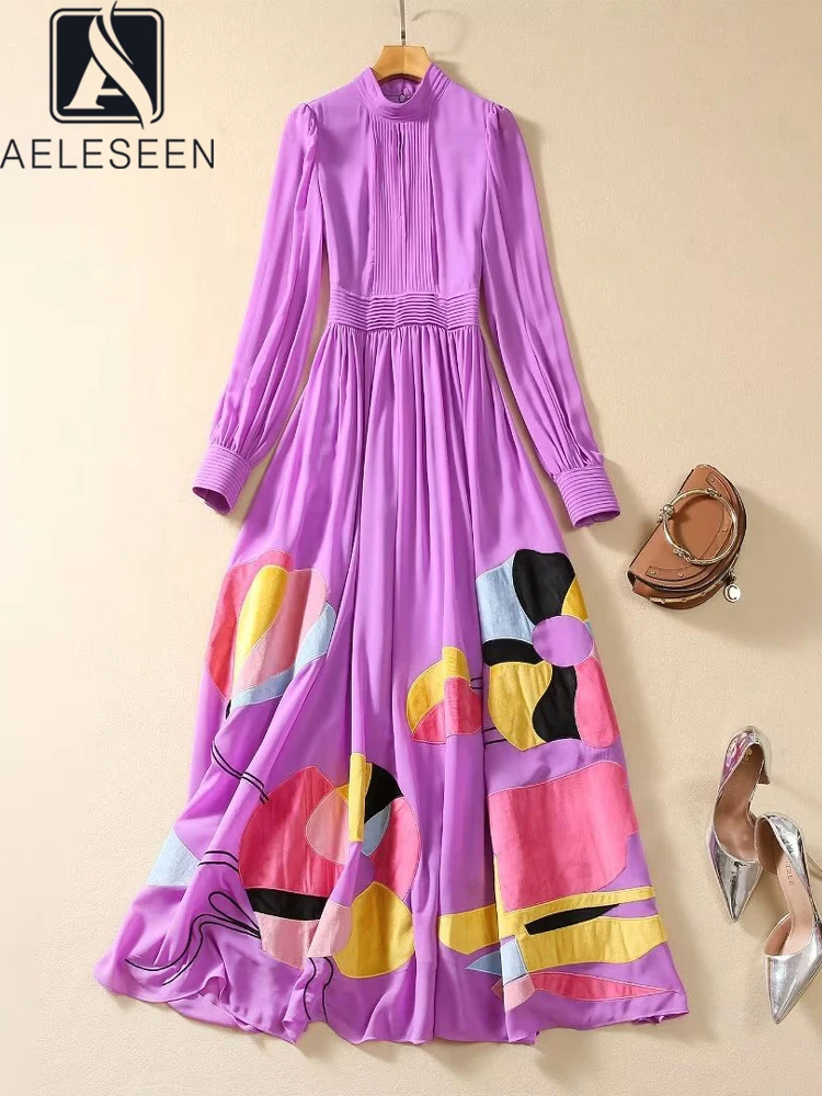 

AELESEEN Women Long Purple Dress Runway Fashion Turtleneck Lantern Sleeve Pleated Velvet Contrast Patchwork Elegant High Street