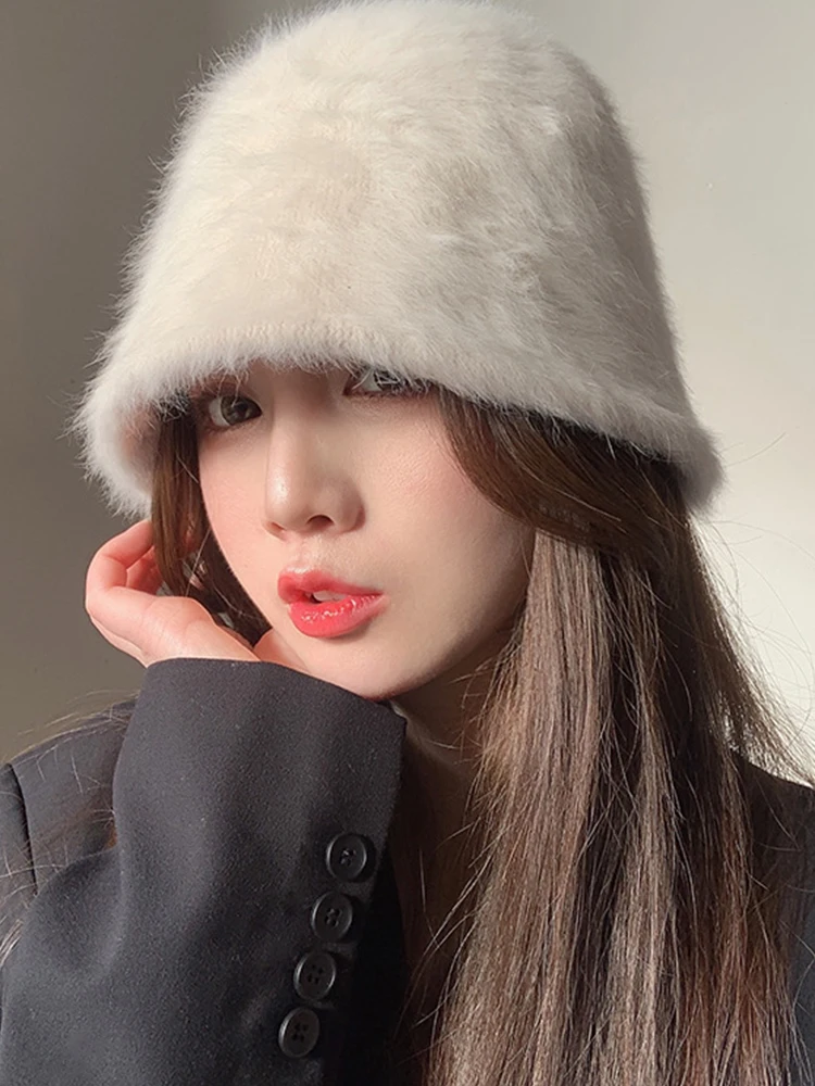 

New Fashion Faux Fur Winter Rabbit Hairy Plush Bucket Hat Invierno Mujer Bucket Hats Fisherman Cap Cover Head Caps Echarpe Hiver