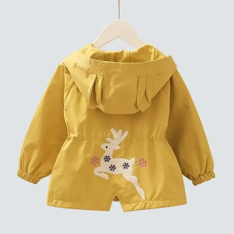 New Cartoon Hooded Jacket for Girls Spring Autumn Middle Length Baby Clothes Children's Windbreaker Small Kids Upper Apparel