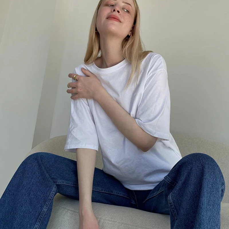 Hirsionsan 100% Cotton T Shirt Women 2023 Summer New Oversized Solid Tees Casual Basic Loose Tshirt Chic O Neck Female689_voghion.com