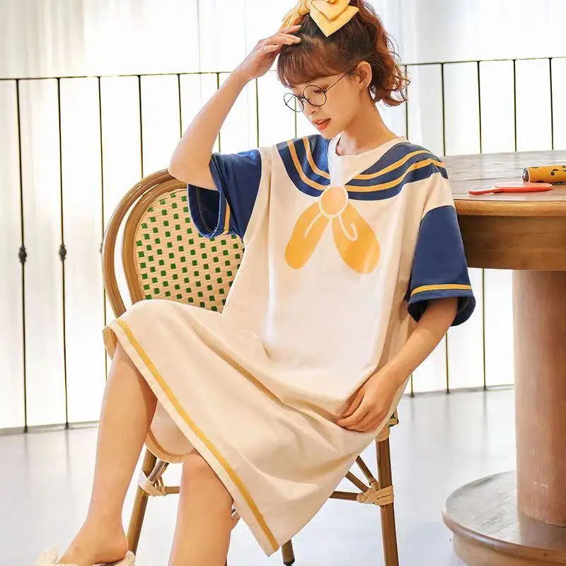 

Fdfklak Nightgown Women Summer Short Sleeves Thin 2023 New Sweet Home Clothes Cartoon Girl Pajamas 90kg Big Size Sleepwear Women