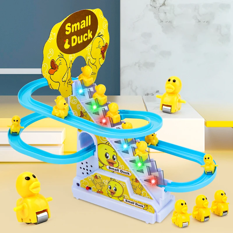 Electric Duck Climbing Stairs Toy Children Roller Coaster Toy Set Electric Light Music Amusement Track For Baby