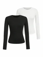 Women's solid-color long-sleeved T-shirt - Polyester knitted fabric, round neck, regular fit, fall-winter style - Image 4