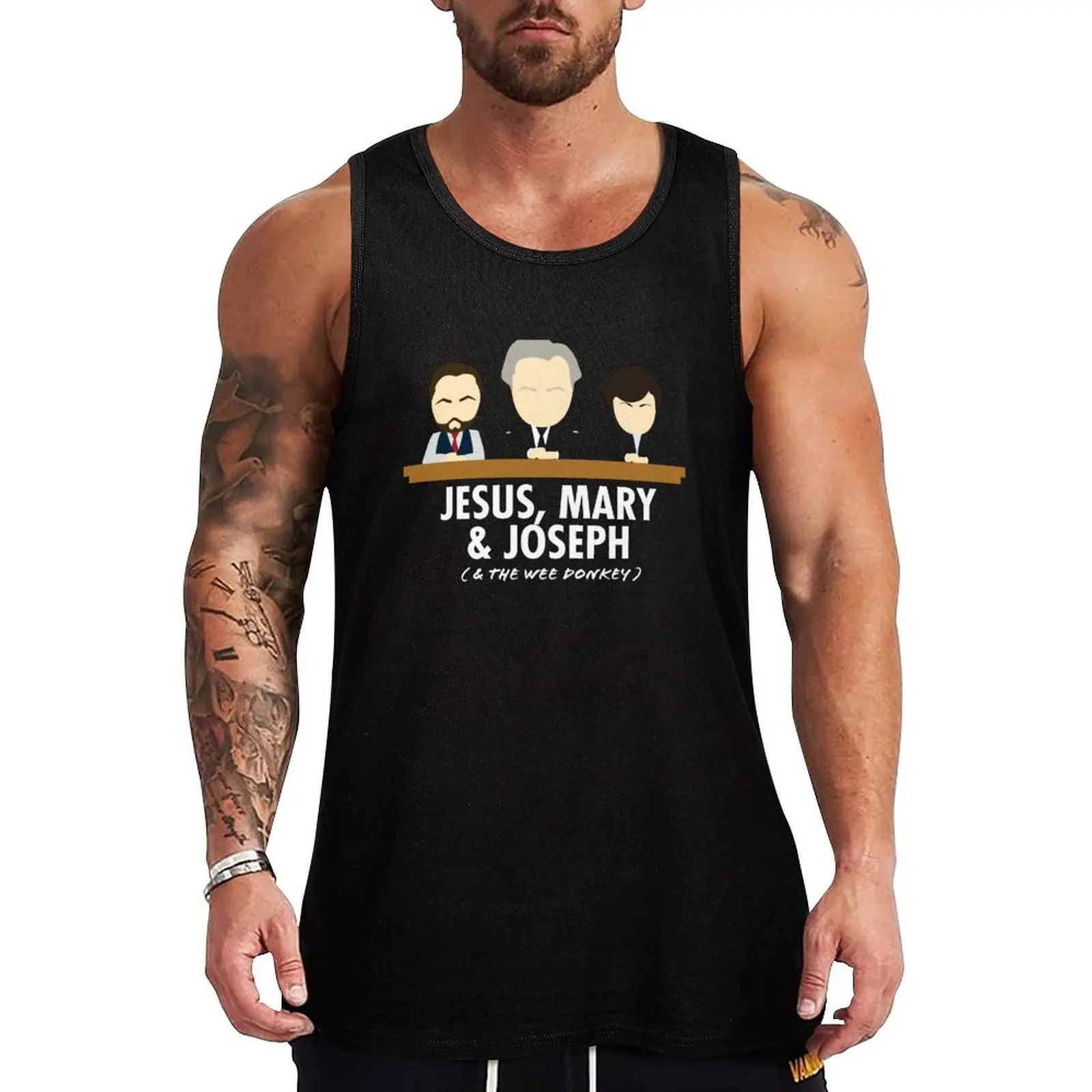 

Jesus, Mary, Joseph & the Wee Donkey Tank Top mens gym clothes Muscle fit