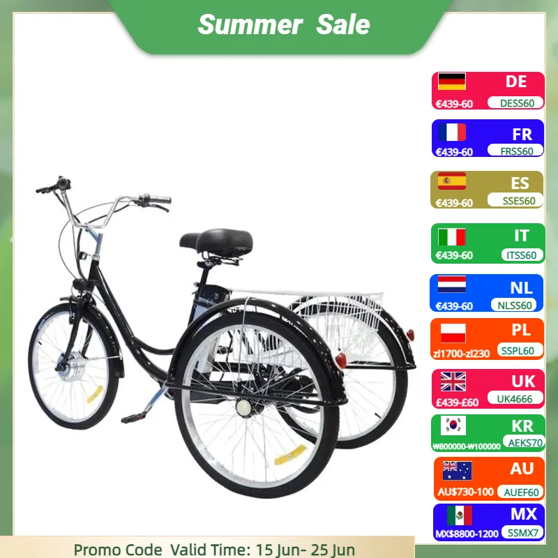 Electric Cargo Bike for Adults Seniors 350W 36V 12AH Removable Lithium Battery Three-wheel Electric Bicycle for Old People
