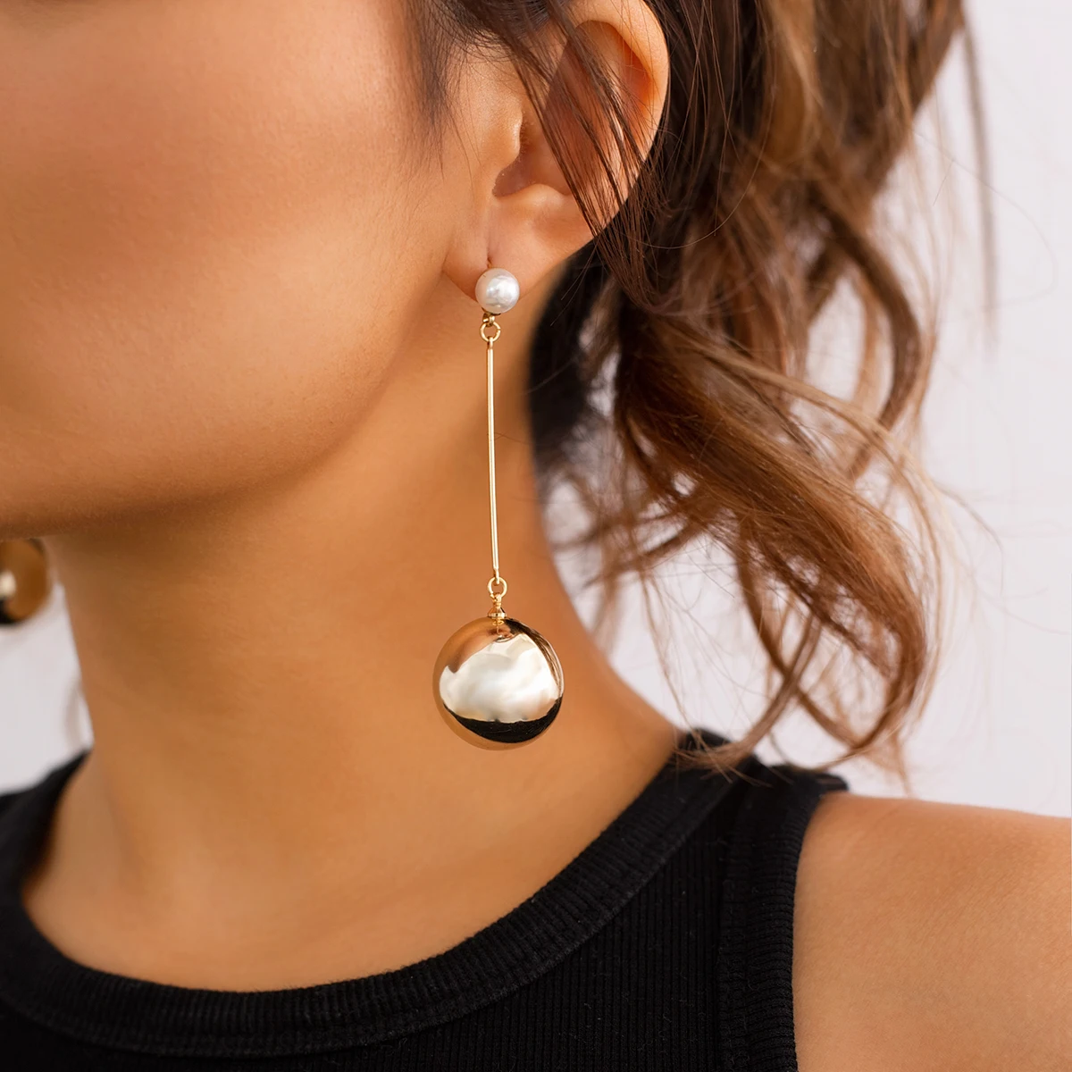 PuRui CCB 소재 비즈 펜던트 귀걸이 여성용, 모조 진주 골드 컬러, 롱 드롭 귀걸이, 트렌디 쥬얼리 선물 