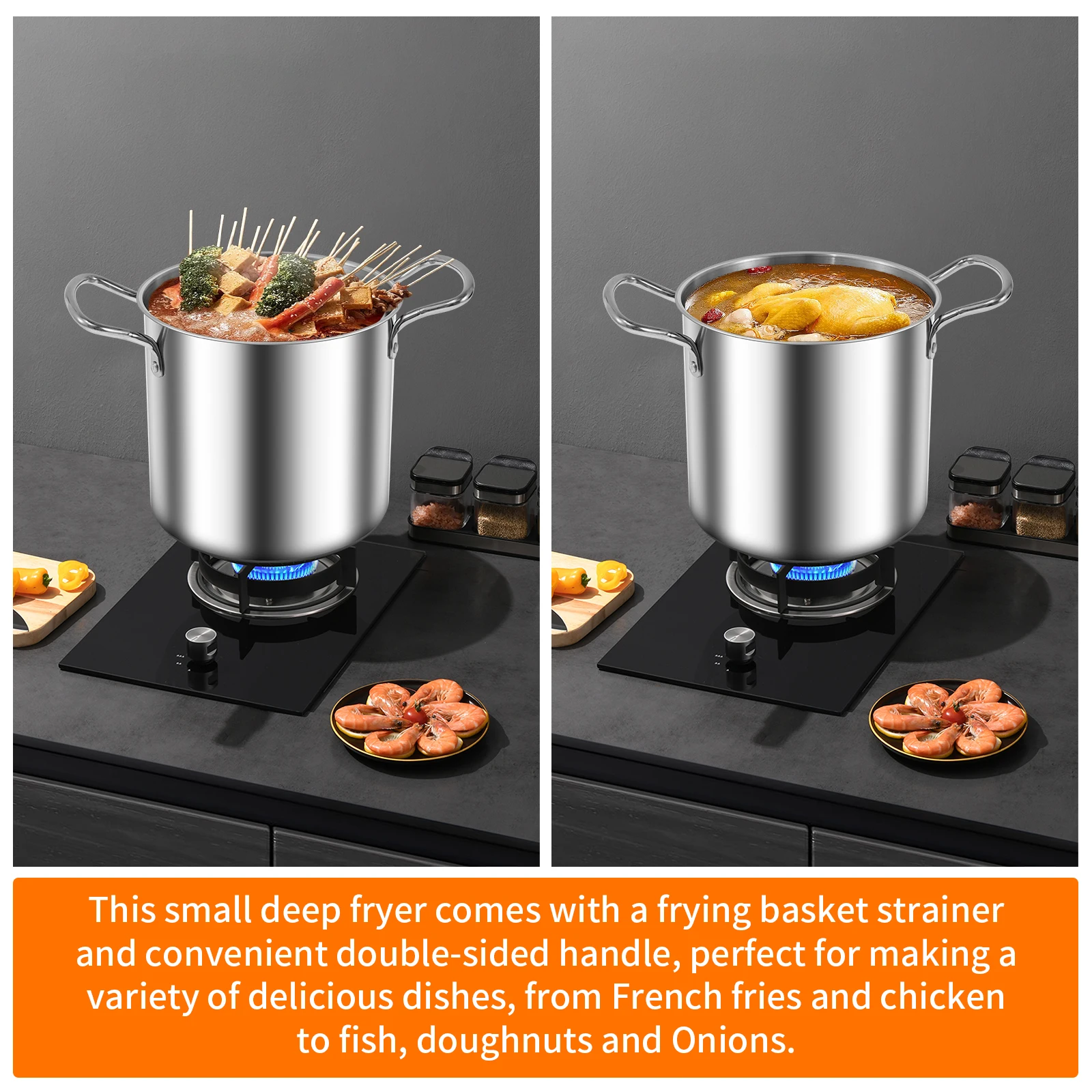 Deep Fryer Pot With Strainer Basket 3.5L Stainless Steel For French Fries Chicken Kitchen Pans