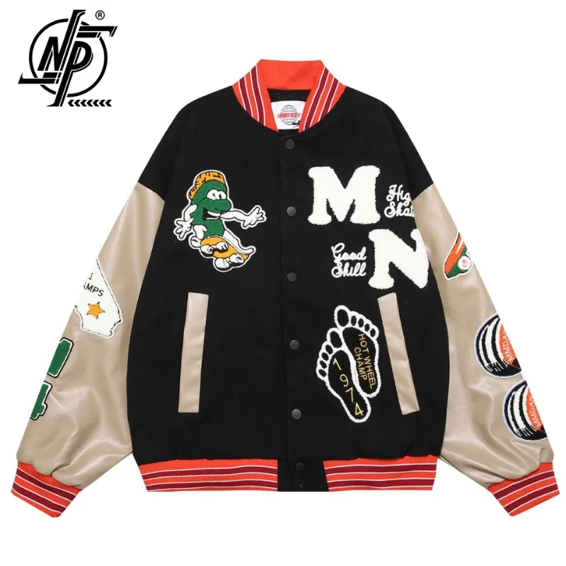

Vintage Bomber Jacket Men Women Cartoon Embroidery Motorcycle Patchwork Leather Sleeve Baseball Jackets Hip Hop Loose Coat