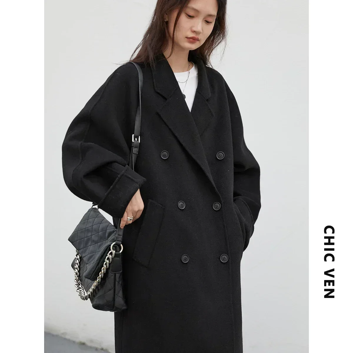 CHIC VEN Women Long Double-sided Woolen Coats Retro Loose Female Overcoat Double Breasted Ladies Windbreak Autumn Winter 2023 5