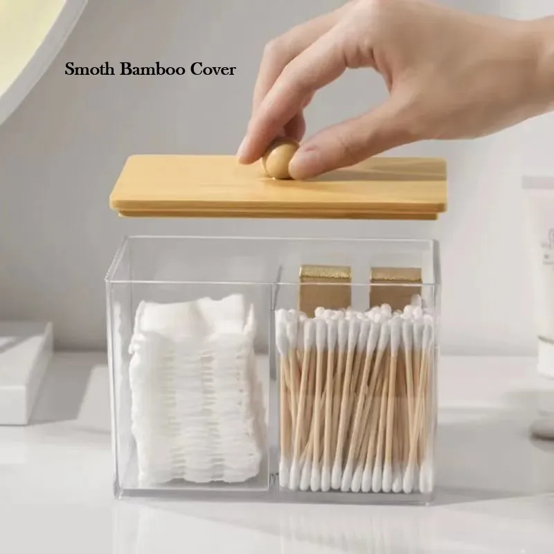 Acrylic Qtip Holder Dispenser Bathroom Jars with Bamboo Lids Cotton Ball Pad Round Swab Holder Clear Apothecary Canister Jar 2