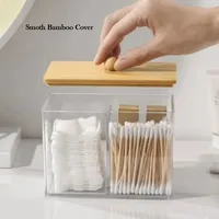 Acrylic Qtip Holder Dispenser Bathroom Jars with Bamboo Lids Cotton Ball Pad Round Swab Holder Clear Apothecary Canister Jar 2