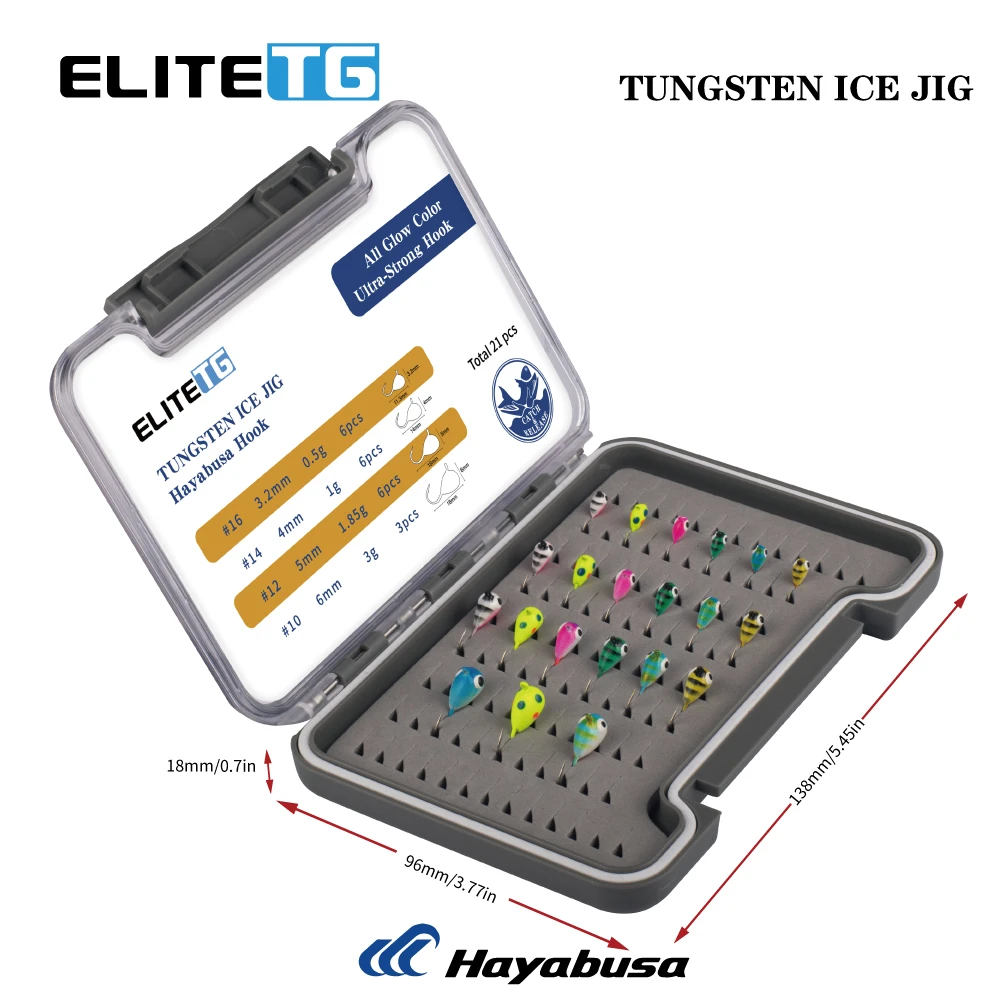 Elite TG 21PCS Tungsten Ice Fishing Jig Head Set,3.2mm 4mm 5mm 6mm Boxed All Glow Color 0.50G 3