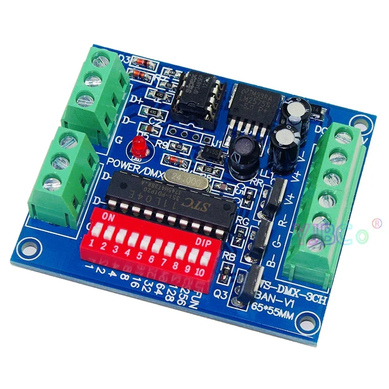 Description Picture 3 of item5V 12V 24V 3 Channels DMX512 Decoder RGB LED Strip tape DMX 512 Controller Board RGB Light Module 3CH dimmer WS-DMX-3CH-BAN-V1