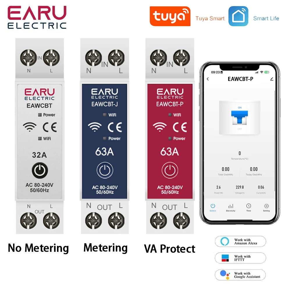 Earu EAWCB Tuya WiFi Smart Circuit Breaker MCB Timer 1P+N 63A Power Energy kWh Voltage Current Meter Protector Voice Remote Control Switch