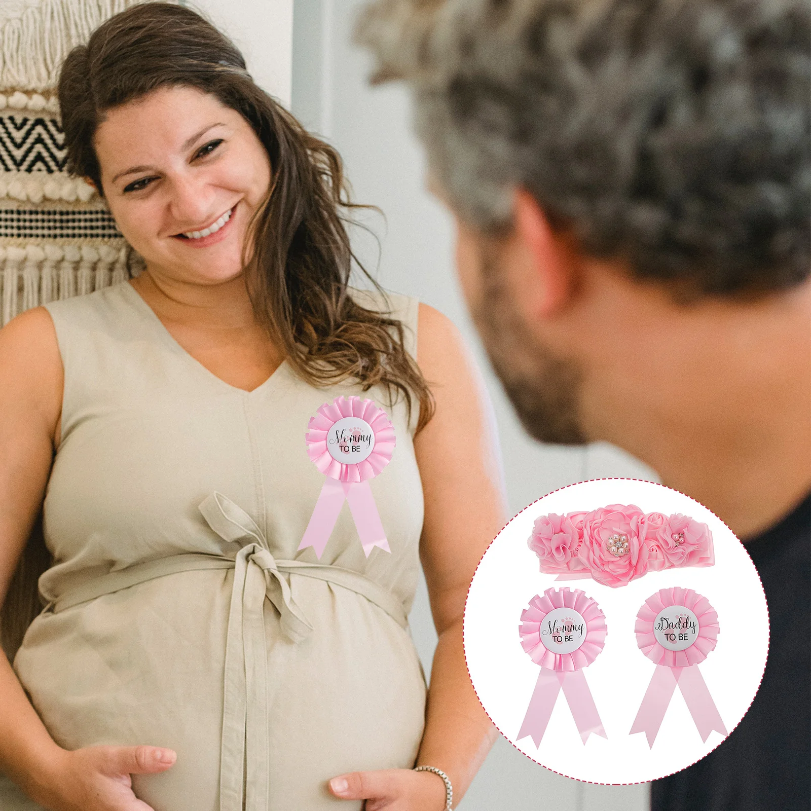 

The Gift Belt Badge Set Mommy Maternity Belly Corsage Sash Pink Daddy Baby Shower Photo Prop Pregnant Woman