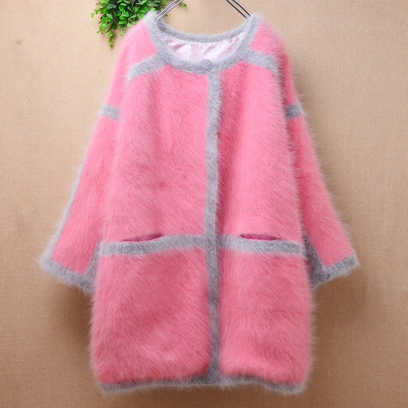 

04 Female Women Fall Winter Clothing Sweet Pink Mink Cashmere Knitted Long Sleeves Loose Cardigans Angora Fur Jacket Sweater Top