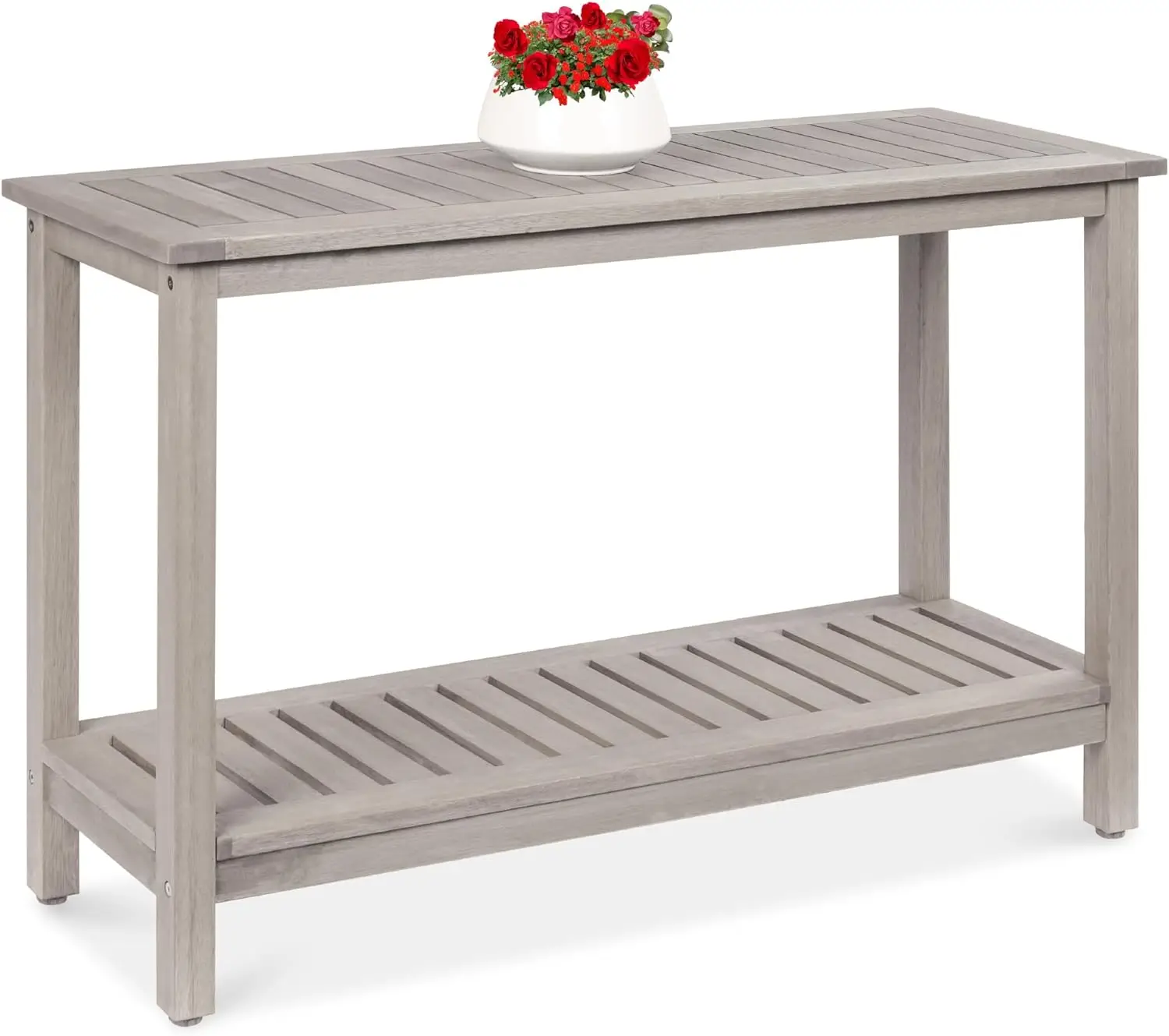 48in 2-Shelf Eucalyptus Wooden Console Table Indoor Outdoor Multifunctional Buffet Bar Storage Organizer