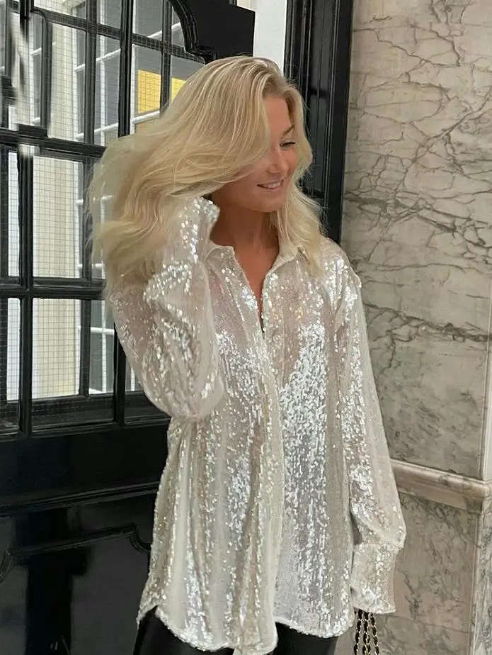 

Women's Y2K Sequin Button Down Shirt Blouses Long Sleeeve Sparkle Glitter Top Jacket Party Clubwear Streetwear