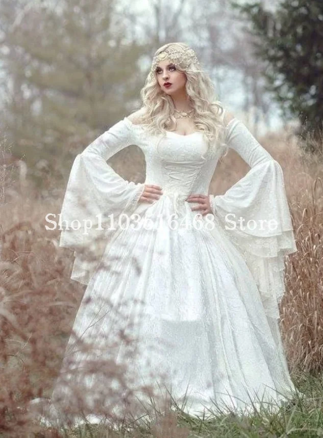 Abito Medievale Vintage A-Line In Raso E Pizzo - Lungo Fino A Terra, Manica Lunga - Foto 3