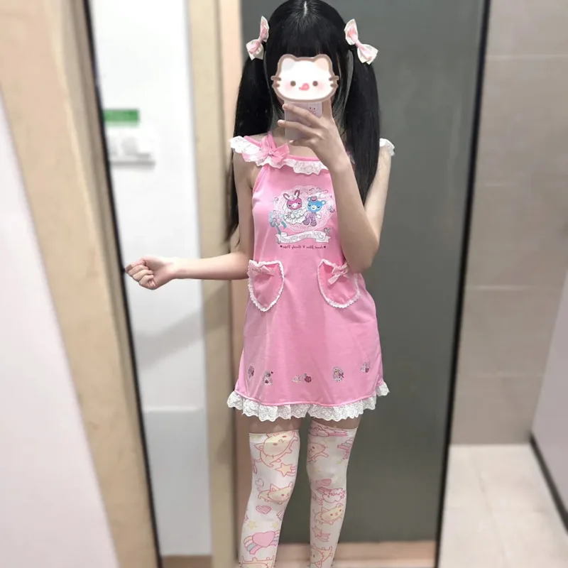 

2024 New Japan Style Lolita Pink Dresses Kawaii Cartoon Bunny Printed Mini Dresses Y2k Harajuku Lace Bodycon Dresses For Women