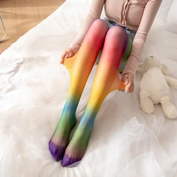Personal Sexy Women's Rainbow Stockings Thin Striped Splicing Gradient Colors Rainbow Tight Pantyhose Kawaii Lolita Stockings