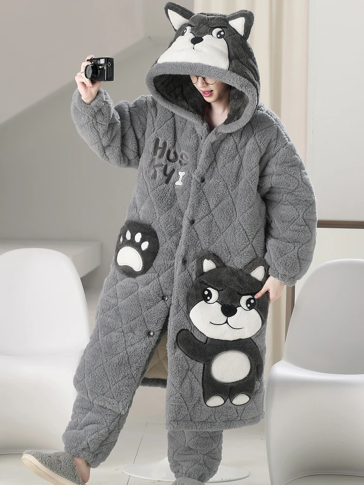 Pajamas Adult Thickened Warm Cartoon Cute Embroidered Autumn and Winter Coral Quilted plus Velvet Nightgown Long Homewear Suit