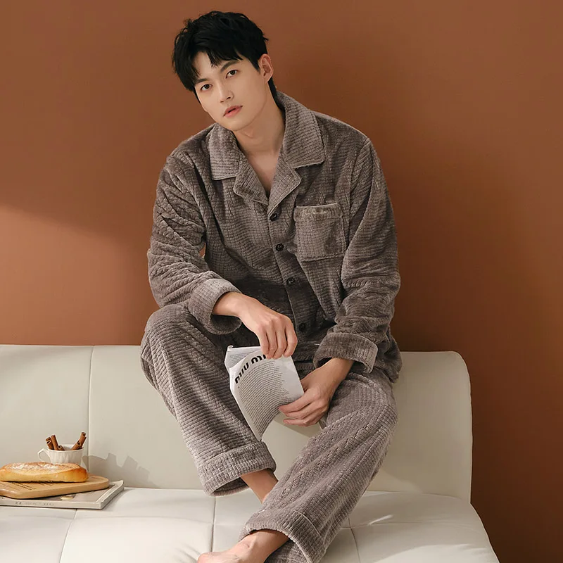 겨울 파자마 남성용 두꺼운 산호 플리스 파자마 세트 따뜻한 잠옷 플란넬 남성용 파자마 세트 캐주얼 홈웨어 파자마 옴므 3XL