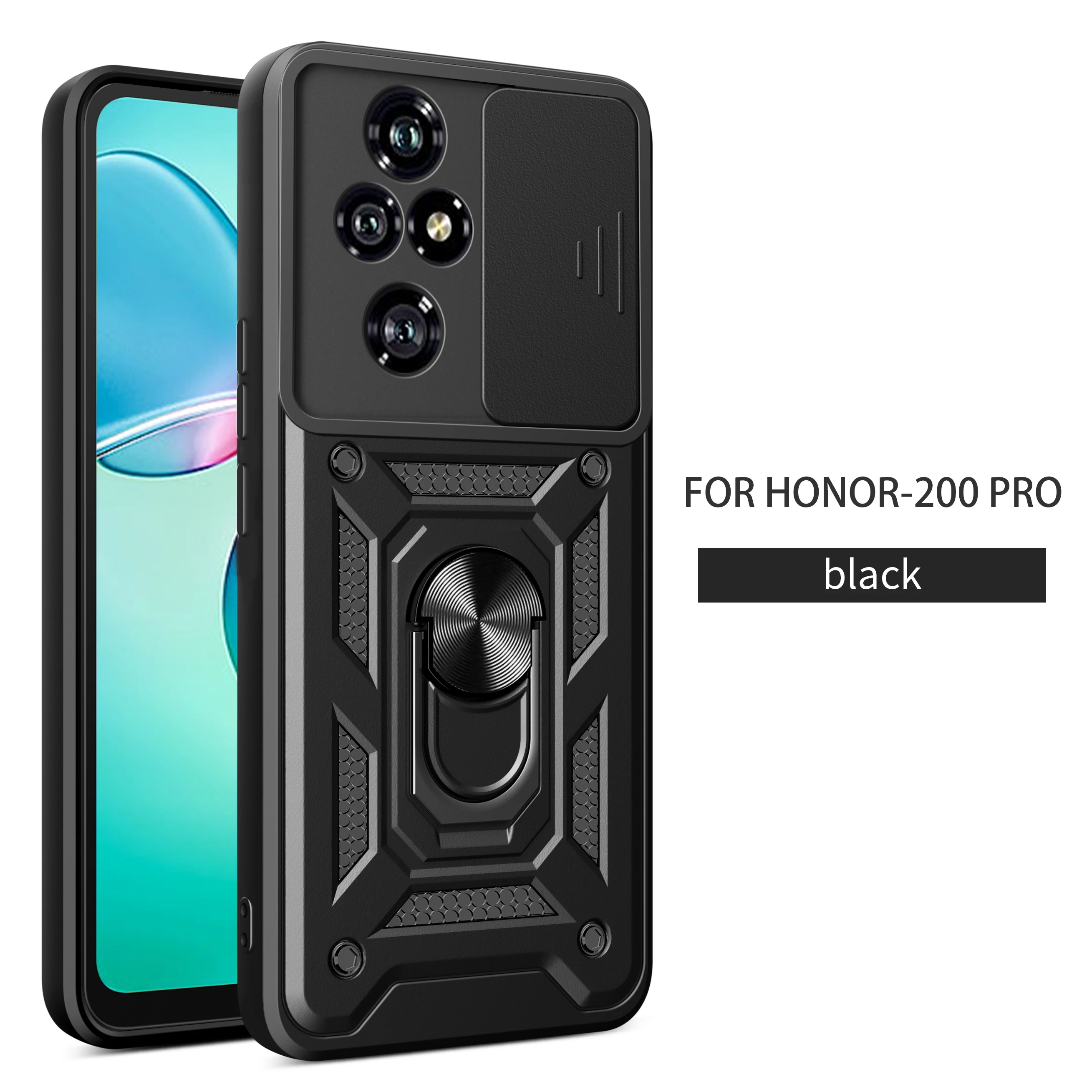 Durable Phone Case with Slide Lens Cover, Rotating Ring, and Shockproof Stand Holder