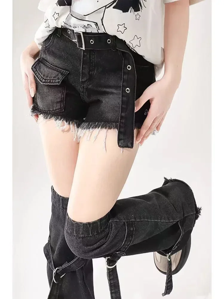 Y2K Gothic Street Wear American Retro Women's Cut Denim Shorts Summer Fashion New Leg Covers Two Piece Set High Waist Pants